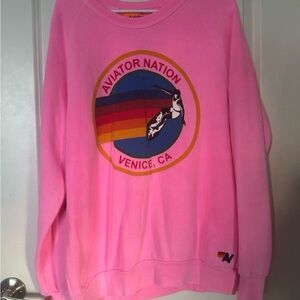 Aviator Nation Pink Crewneck with Rainbow Logo